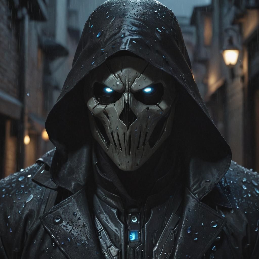 Reaper in Rainy Alleyway: Cinematic Film Still