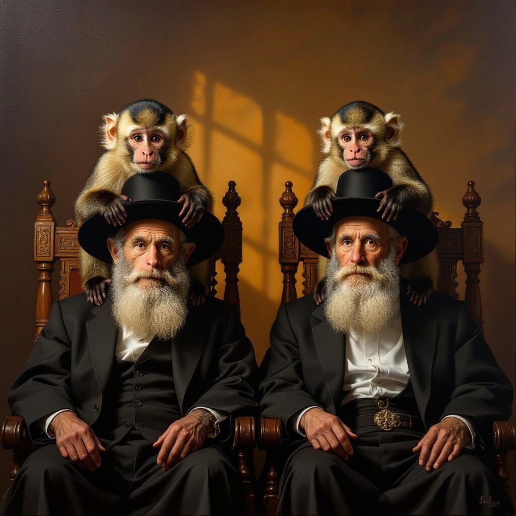 Monkeys on Rabbis' Heads Oil Painting