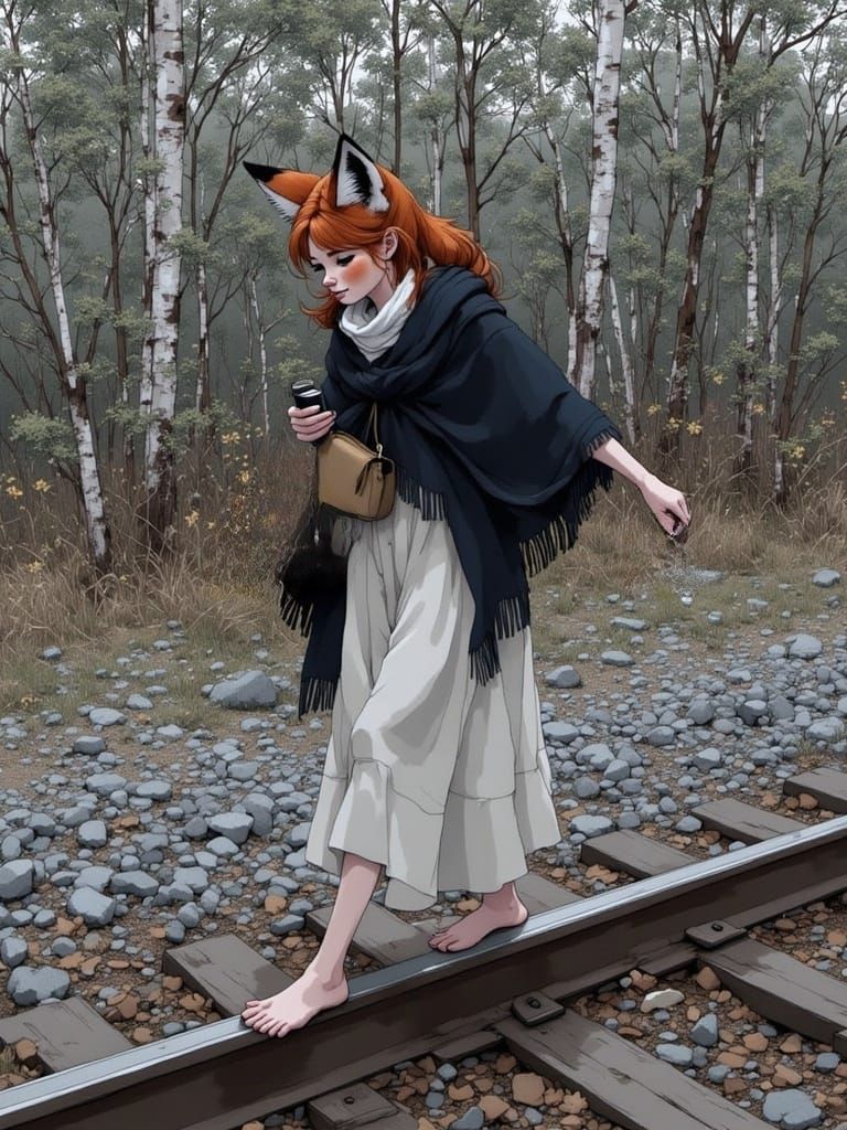 Fox-girl Vixen walking on the railroad tracks