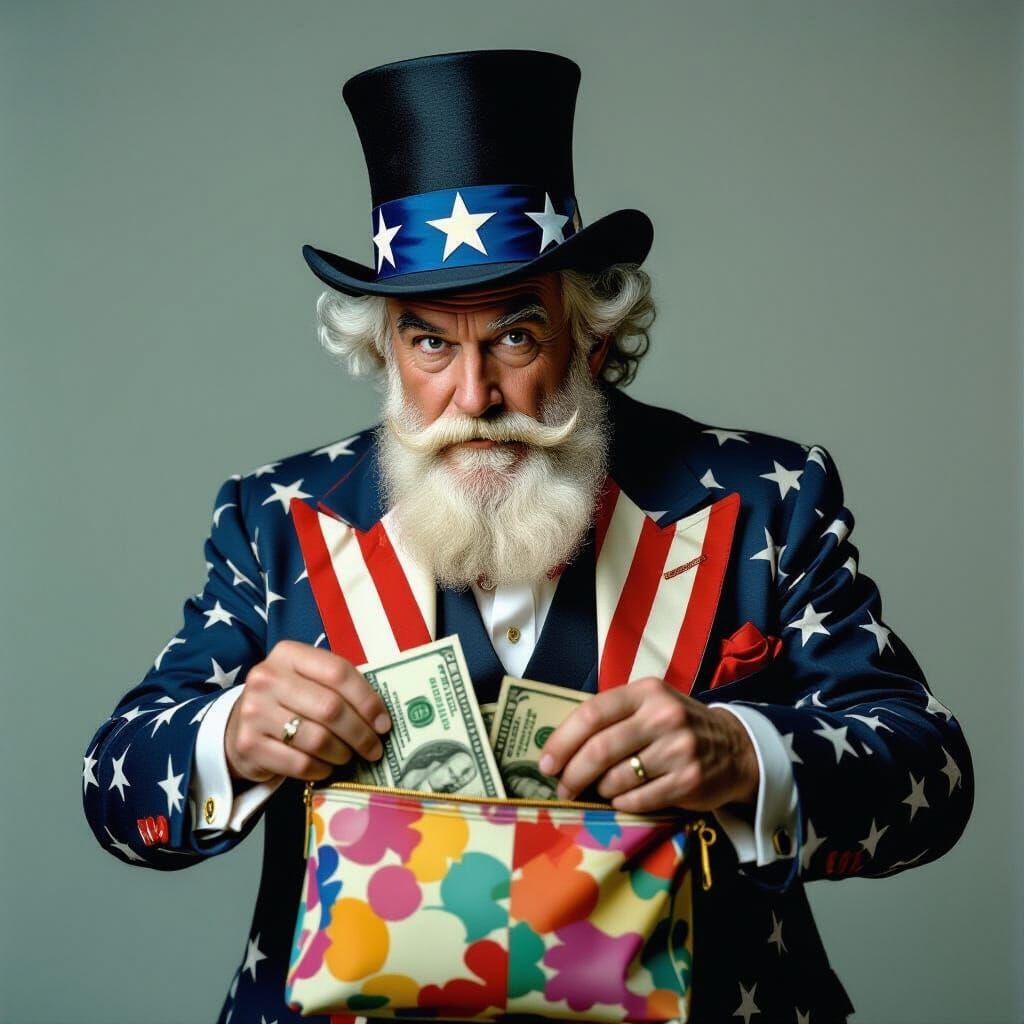 Uncle Sam is in his costume. He is stealing dollar bills from a child's purse