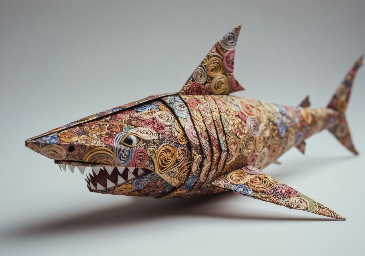 Use origami with paper to create a shark with sharp teeth. Use paper of different grades, texture and ...  by @Thaxam