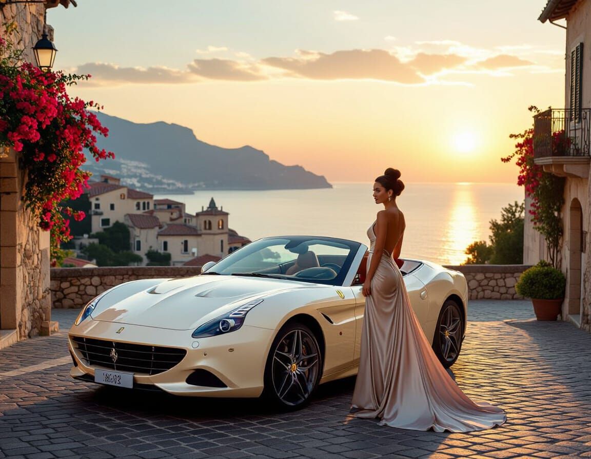 

A glamorous brunette model, with a sophisticated updo, is stepping out of a luxurious cream-colored Ferrari California T convertible on a ...