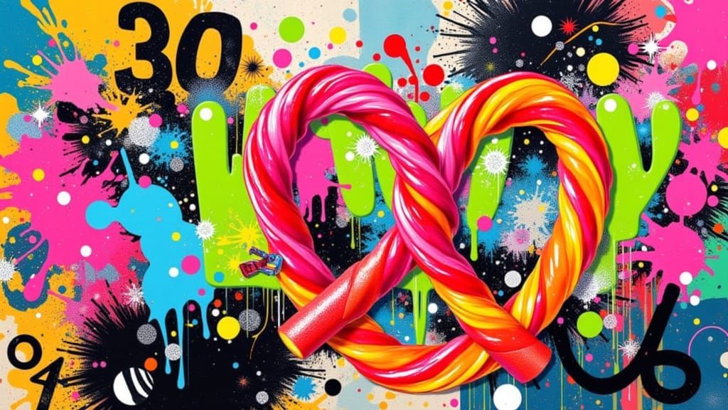 "GummyPretzel ART MIX" - explosive rainbow collage bursting with twisted pretzels made of translucent gummy candy in neon pink, electric blu...