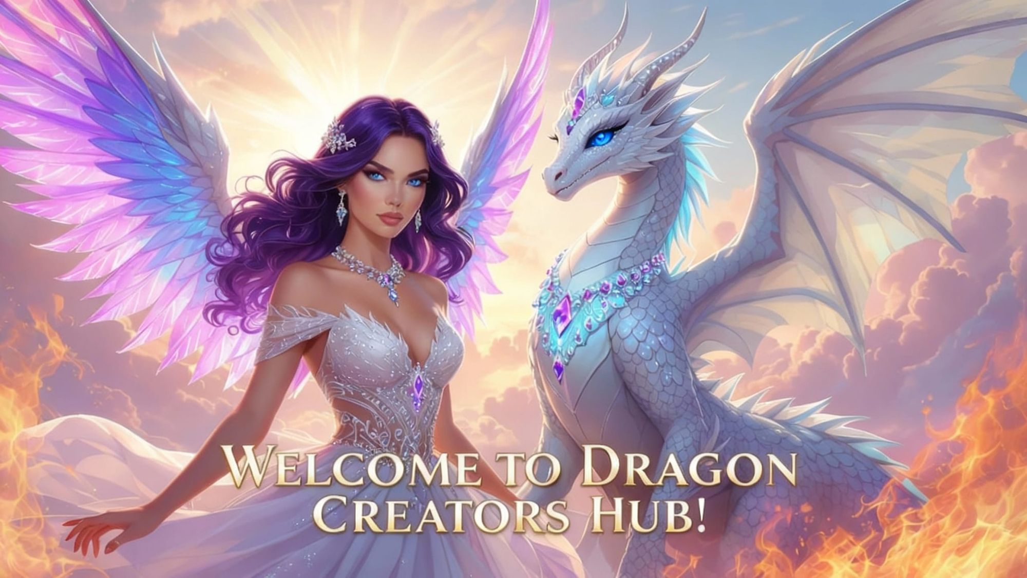 Adult female human with flowing purple wavy hair, wearing intricately designed gem crusted white ball dress, fierce determined expression, g...