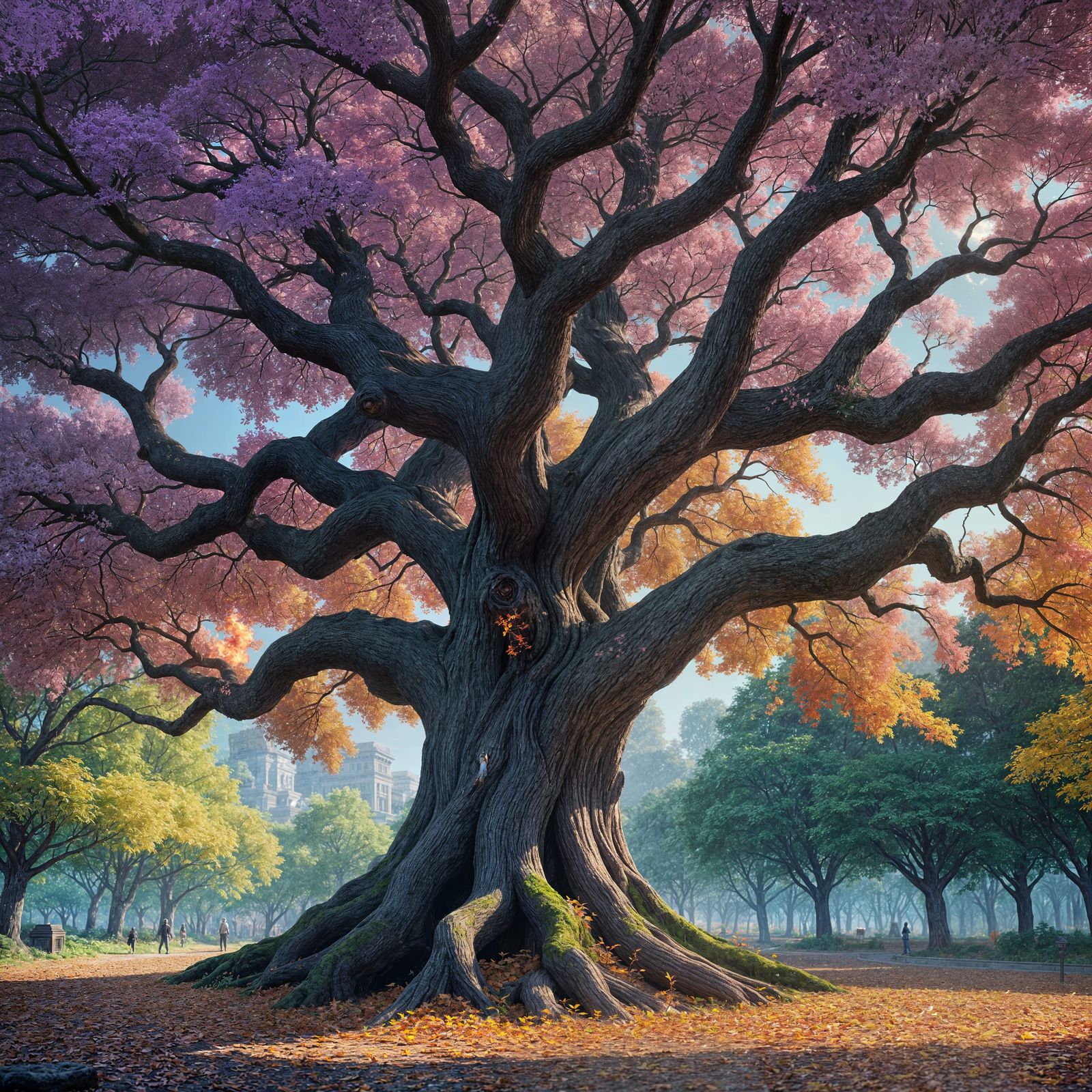 Giant Tree with Glowing Leaves in Anime Style