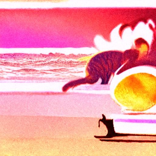 A cat surfing at the beach holding a Piña Colada golden hour...