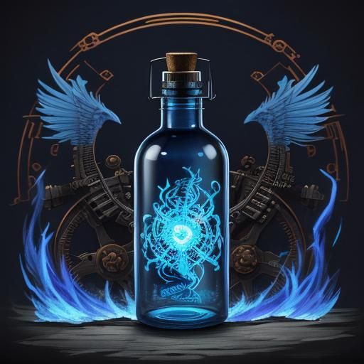 A steampunk blue fire spirit bottle
