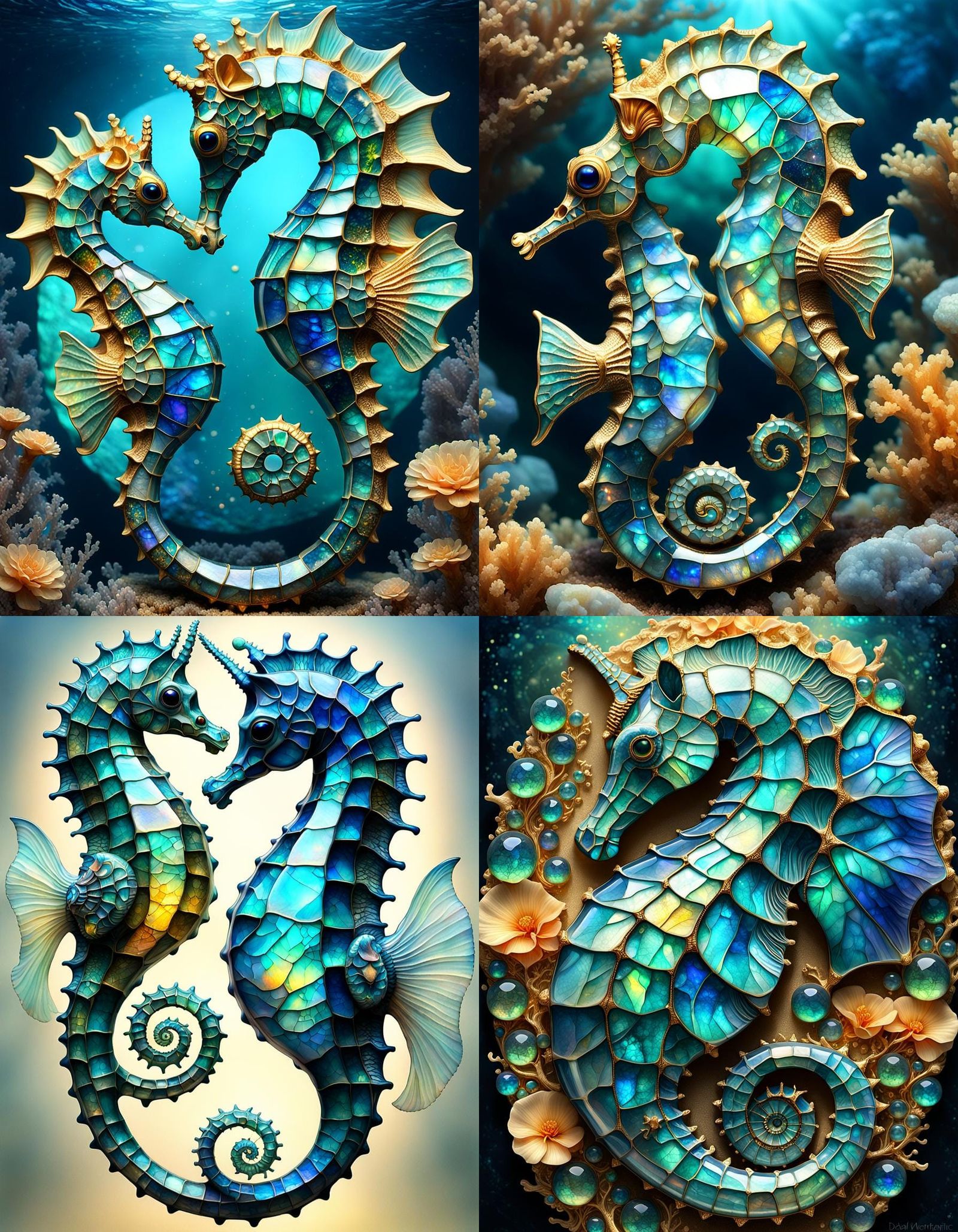 an cute labradorite and opal kintsugi seahorse; translucent luminous fins;  hyperdetailed, 64 megapixels, 8K resolution,...