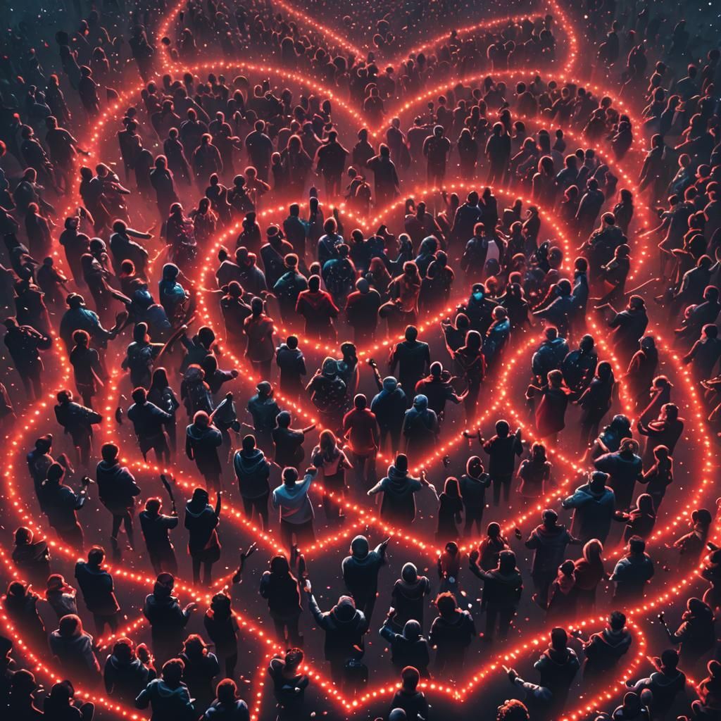 Heart Shape Crowd with Lasers in Night Sky