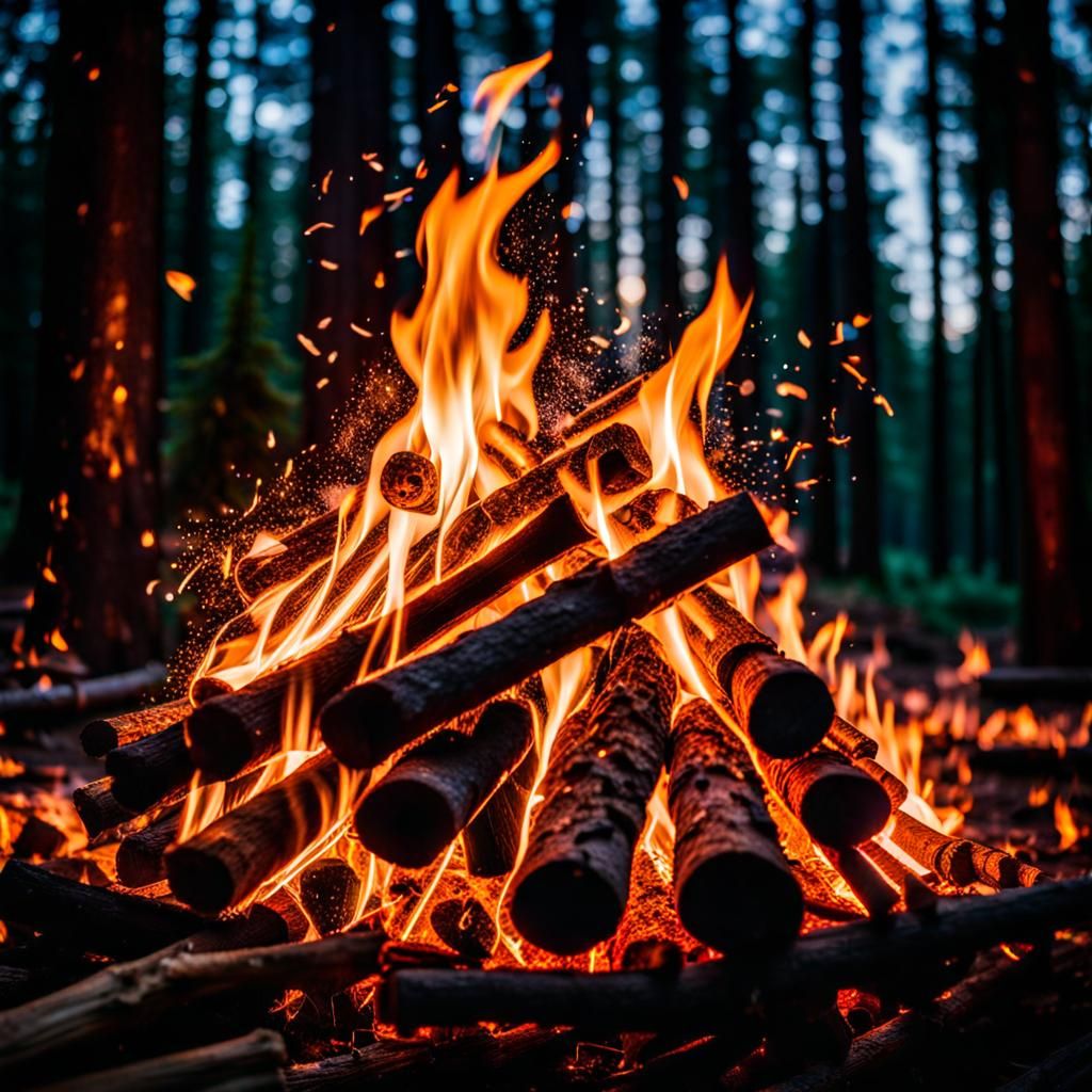 Beautiful Nighttime Bonfire In The Woods, Professional Photography 