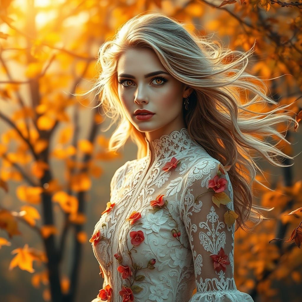 Ethereal Autumn Goddess in Watercolor-Inspired Hyperrealism