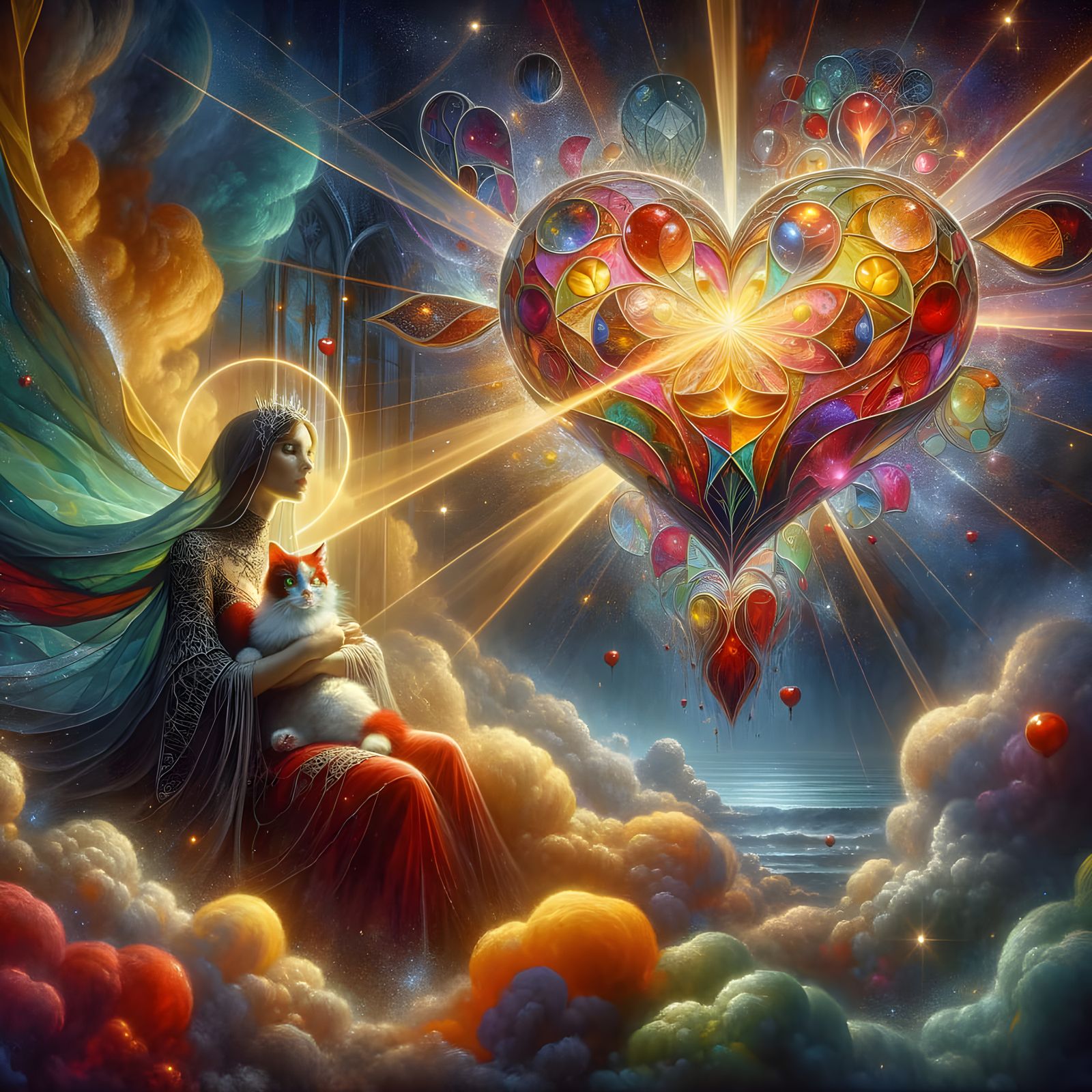 Gothic Woman with Cat and Glass Heart