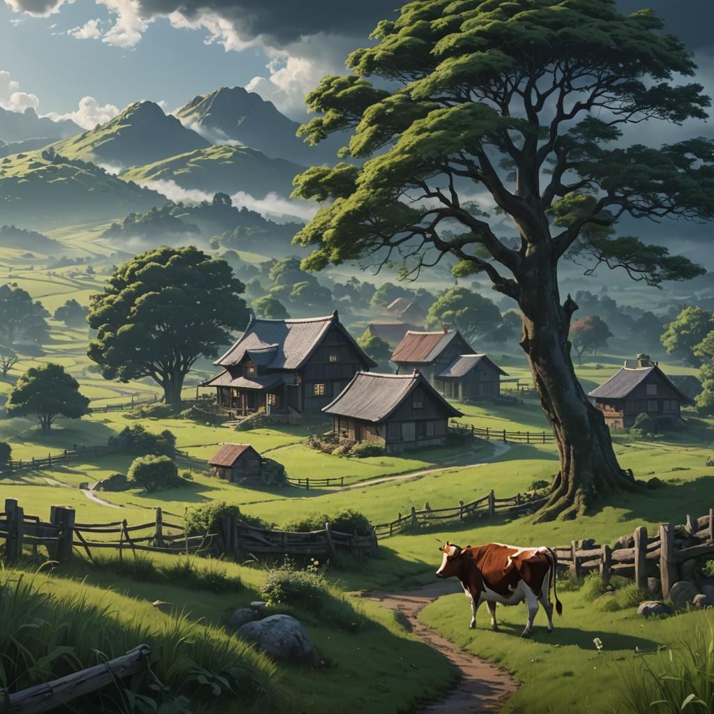 Rural Cottage in Dark Morning Anime Style