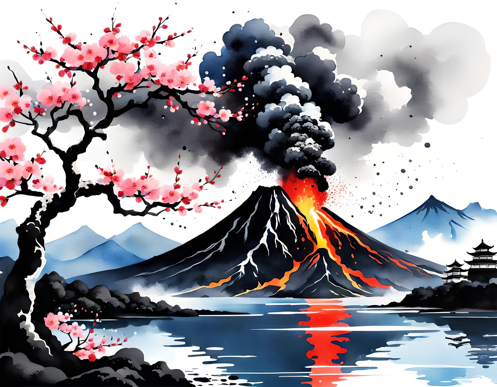 (chinese ink painting style:1.8),  Erupting volcano. lava. beautiful ancient sakura tree in front of ...  by @tsahel