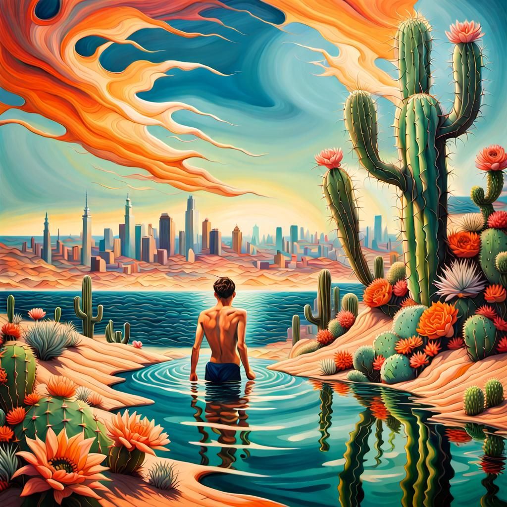 ᛊᚢᚱᚱᛖᛚᛁᛊᛏ ᛚᚨᚾᛞᛊᚲᚨᛈᛖ. ᛚᛟᚹ-ᚨᛜᛚᛖ ᛗᛖᛞᛁᚢᛗ ᛊᚺᛟᛏ. ᚨ ᛈᛖᚱᛊᛟᚾ ᚲᚱᚨᚹᛚᛁᛜ ᚠᚱᛟᛗ ᚨ ᚲᚨᚲᛏᛁ ᛞᛖᛊᛖᚱᛏ ᛏᛟ ᛊᚹᛁᛗ ᛁᚾ ᚨ ᛏᚢᚱᛒᚢᛚᛖᚾᛏ ᛟᚲᛖᚾ ᚹᛁᚦ ᚦᛖ ᚾᛖᚹ ᛁ...