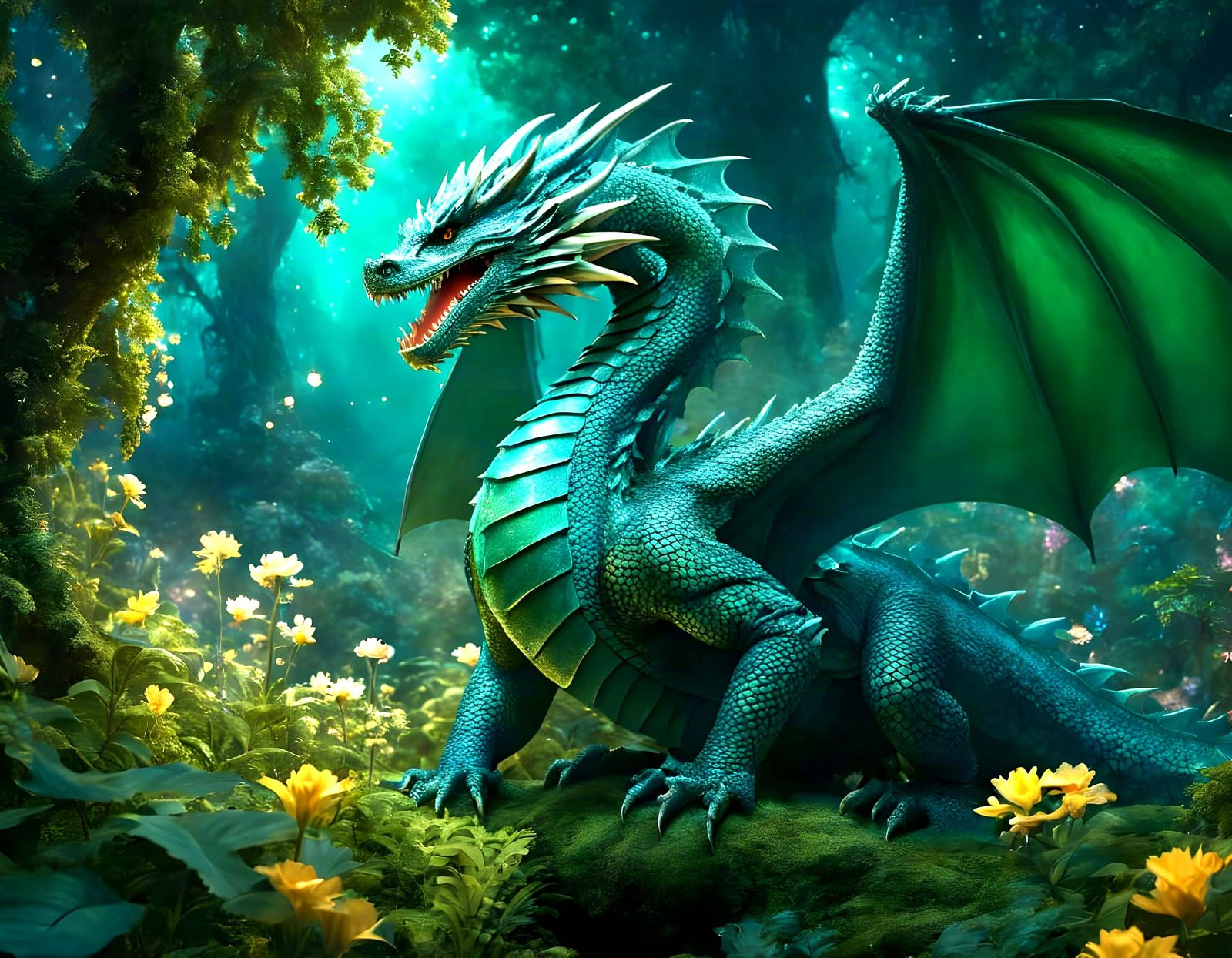 A colossal ancient dragon with scales the colour of old emeralds, sits protectively amongst a hidden grove of glowing bi...