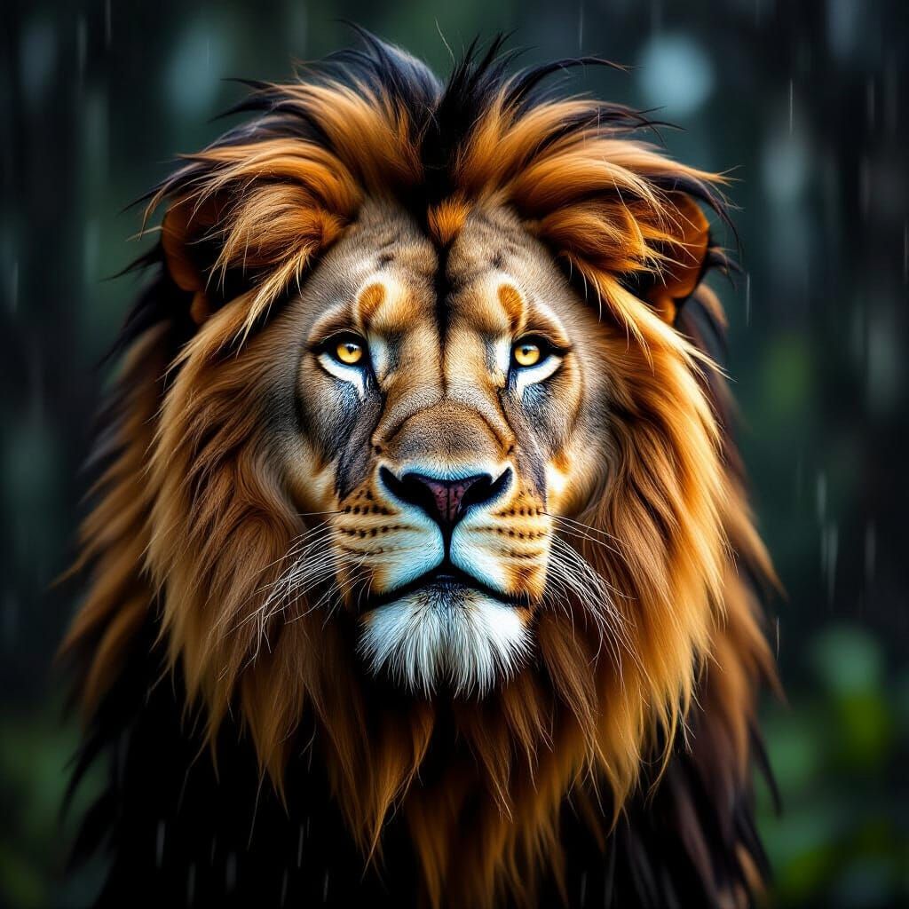 hyper-realistic portrait of large male lion with long mane facing the viewer. It is raining.