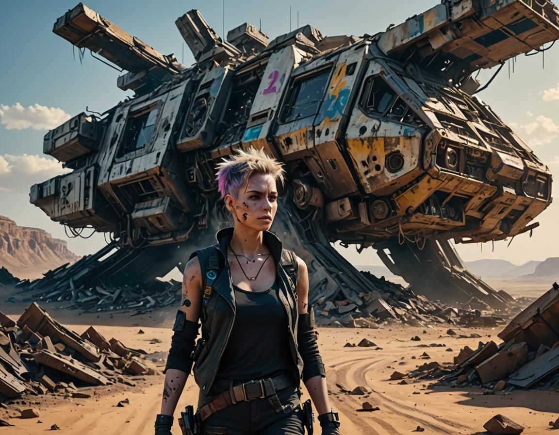Portrait of a cyberpunk woman  walking  on destroyed spacesh...