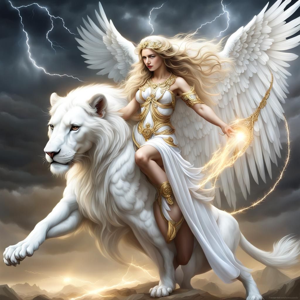 White angel riding a white lion (5) - AI Generated Artwork - NightCafe  Creator