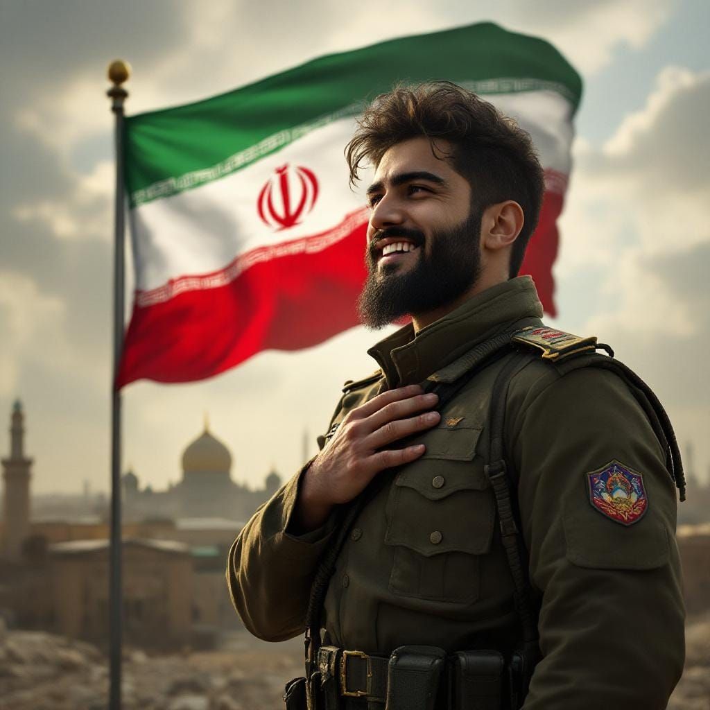 An epic and inspiring image of a young Iranian man, with a smile of hope and determination, in a Basij uniform. He stands proudly with his r...