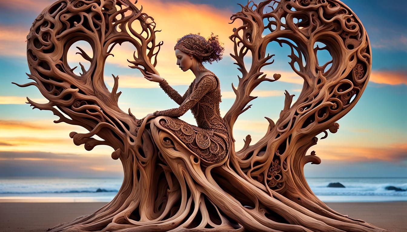 Intricate female form sculpted from driftwood, heart motifs, intricate pyrography details, beach sunset, ...  by @undefined
