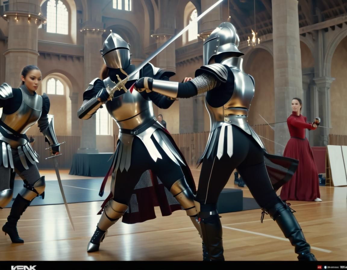 Ladies in strong fencing training...