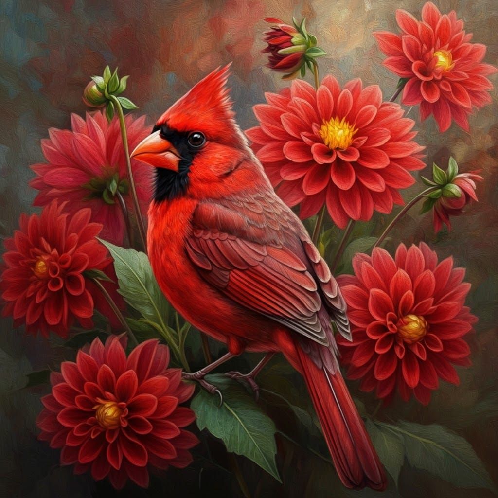 Cardinal in Dalias  by @Angela