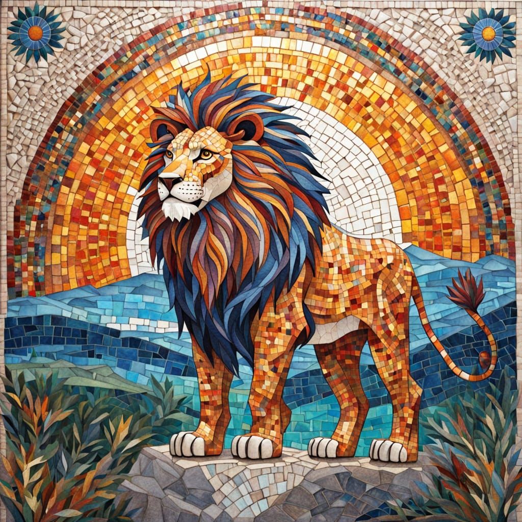 Majestic Lion Mosaic Artwork on African Savanna