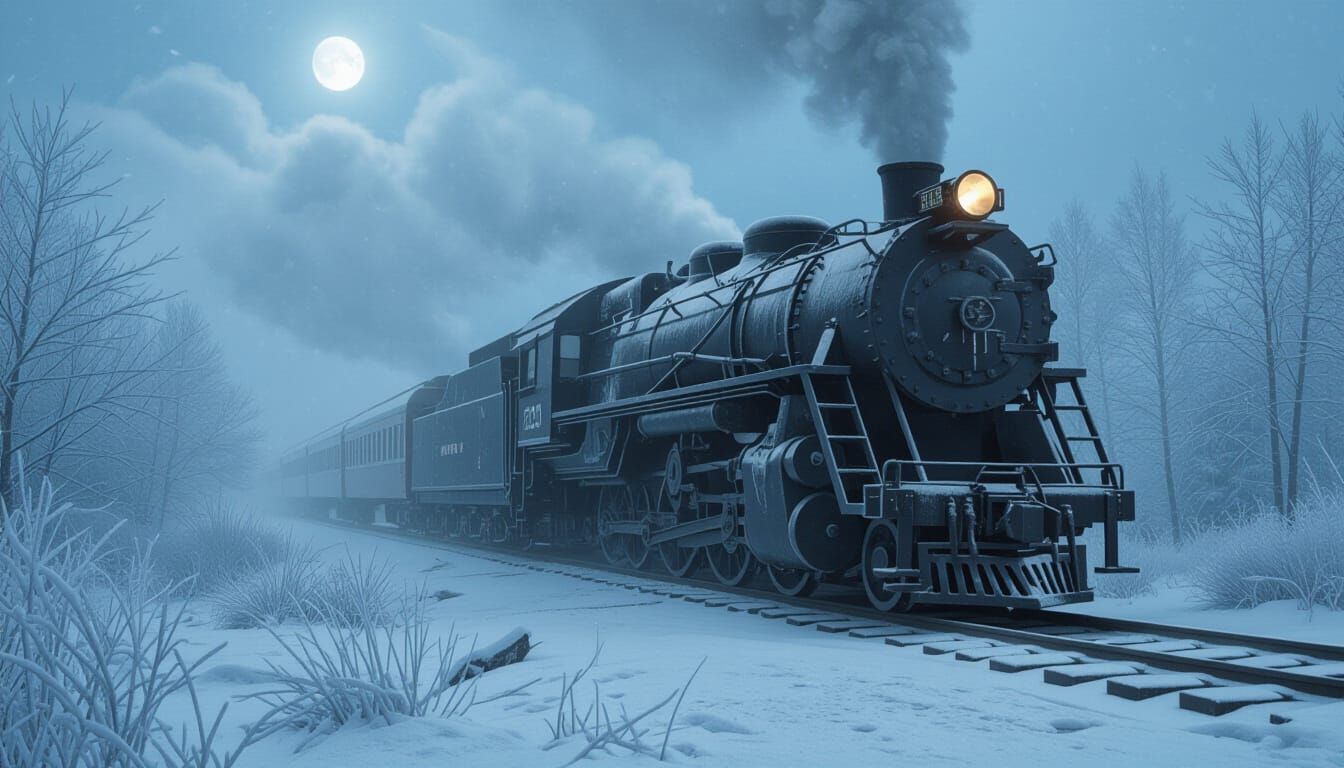 An abandoned, frost-covered locomotive sits silently on a frozen railway track, surrounded by a dense, ethereal winter fog. Moonlight filter...