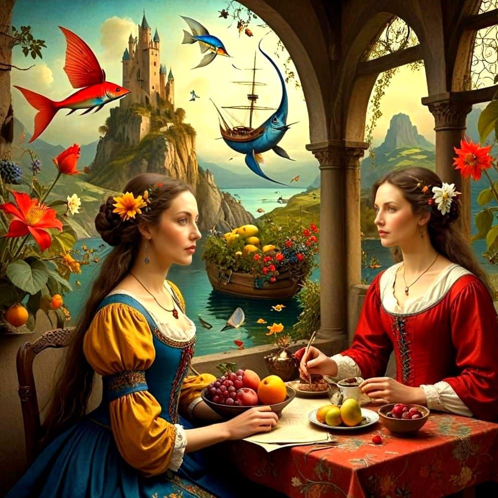 Medieval Lady in Surreal Landscape, Color Ink Art