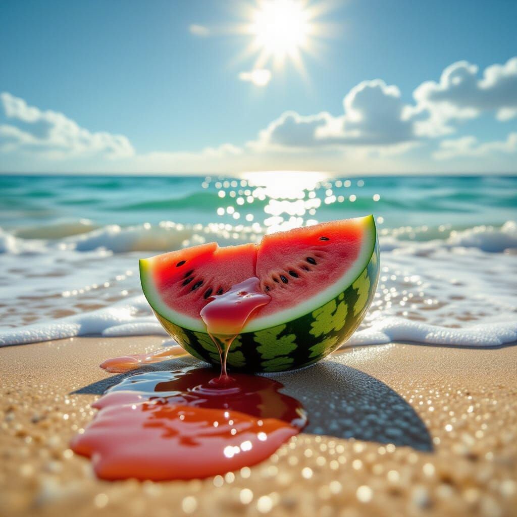 Photorealistic Watermelon Half on Beach with Juice Stream