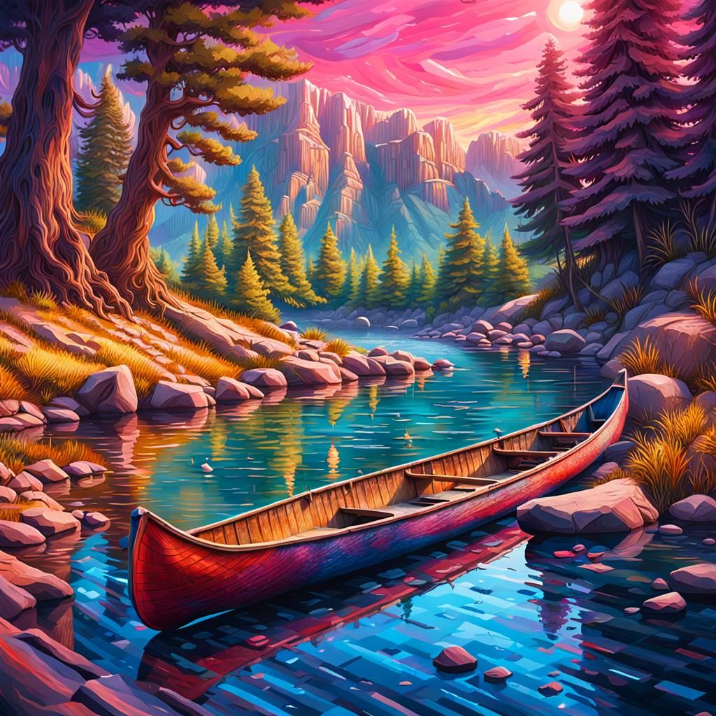 The canoe on the picturesque creek intricately detailed Impa...