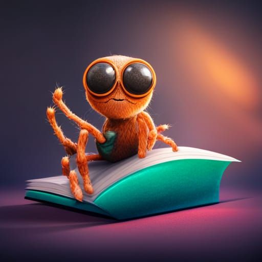Cute Spider Reads Book: Hyperrealistic Splash Art