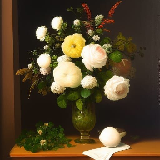 "Still life of a luscious symmetrical arrangement of white f...