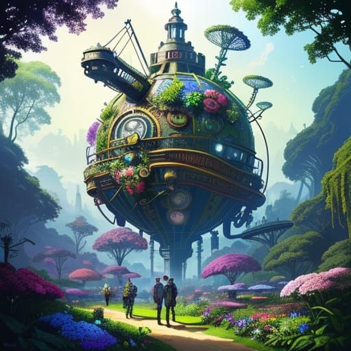 Ethereal Gathering in a Whimsical Steampunk Paradise