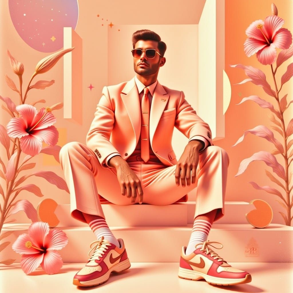 <lora:LightPeachVapor:1.0> decoupage, man, Full length portrait, 1950s model man, sitting legs crossed, digital mixed media collage, pastel...