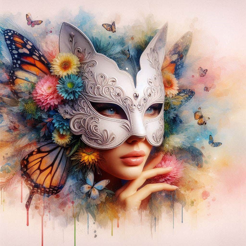 Double exposure watercolor of lady with mask