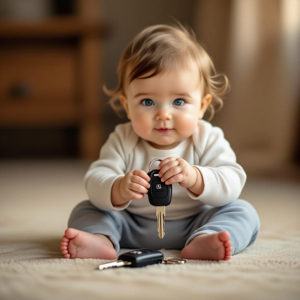 Cute Baby Holding Car Keys with Wonder