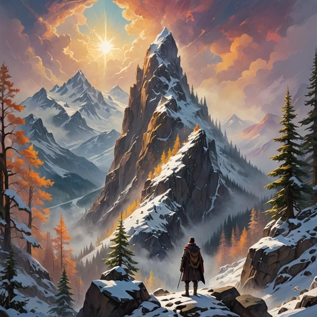 Adventurer Gazing at Mountain Peak in Oil Painting