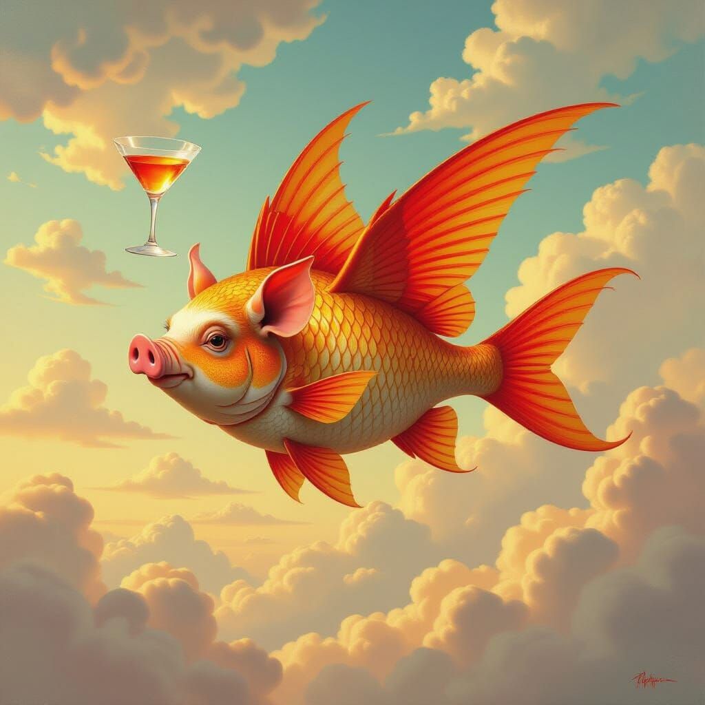 A image of a flying Pig Fish with the head of a pig with wings and a fish tail in the clouds with martini glasses and clouds add some red an...