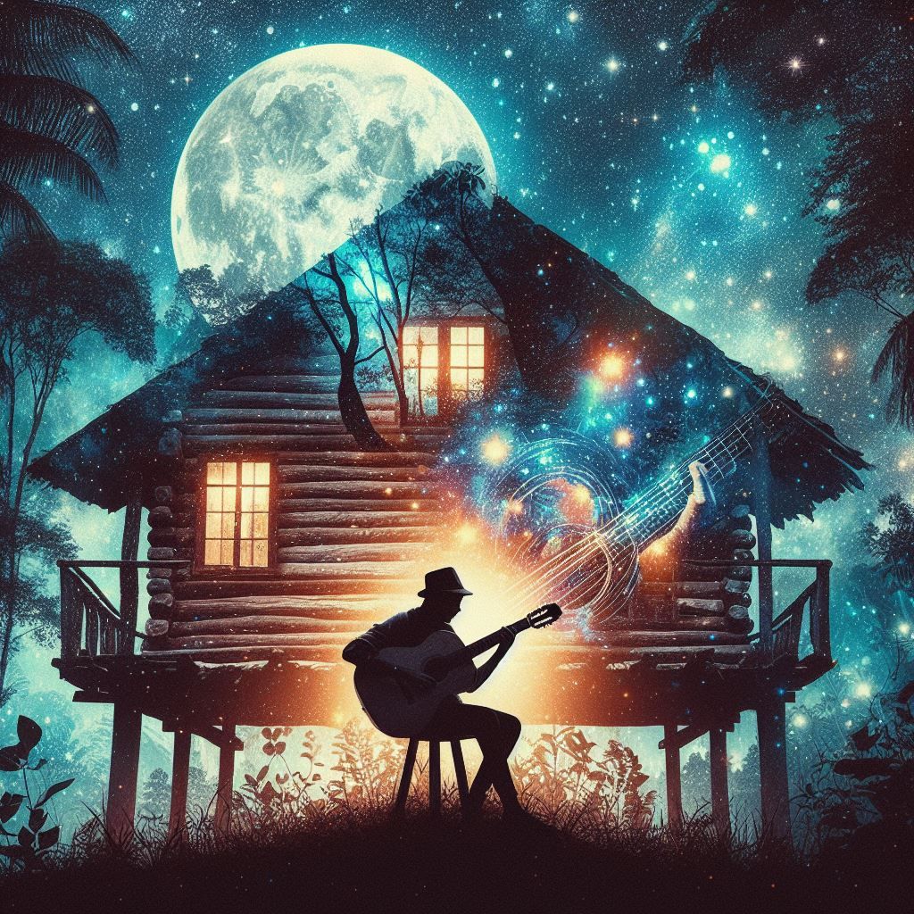 Playing guitar in front of log shack