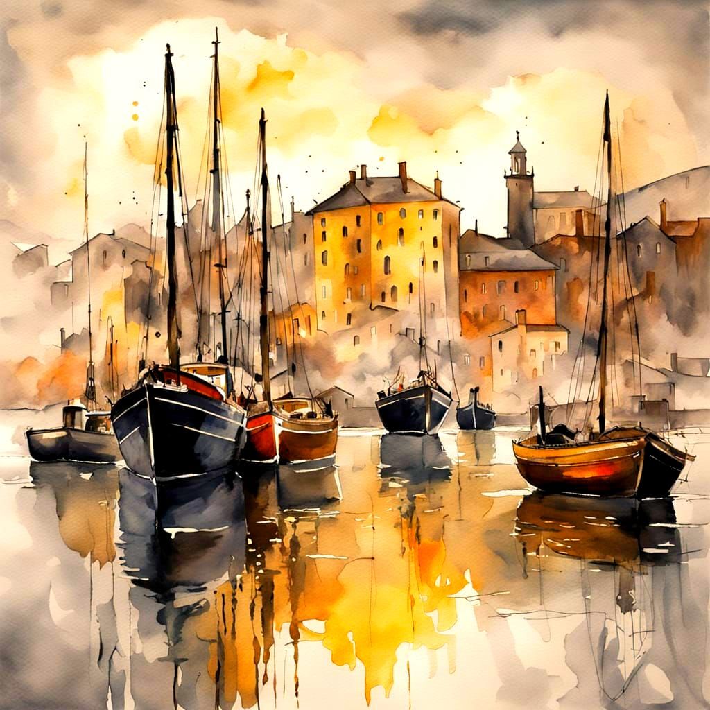 A moody watercolor painting of an ancient harbor filled with old wooden sailing boats and traditional vessels. Multiple dark silhouetted boa...