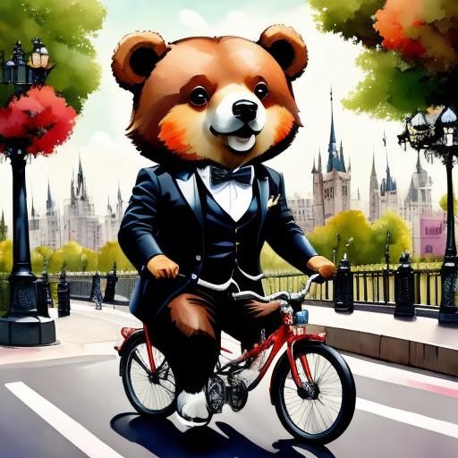 <lora:FairyTails v8:1.0>  fancy Anthropomorphic bear riding a bike through the city park