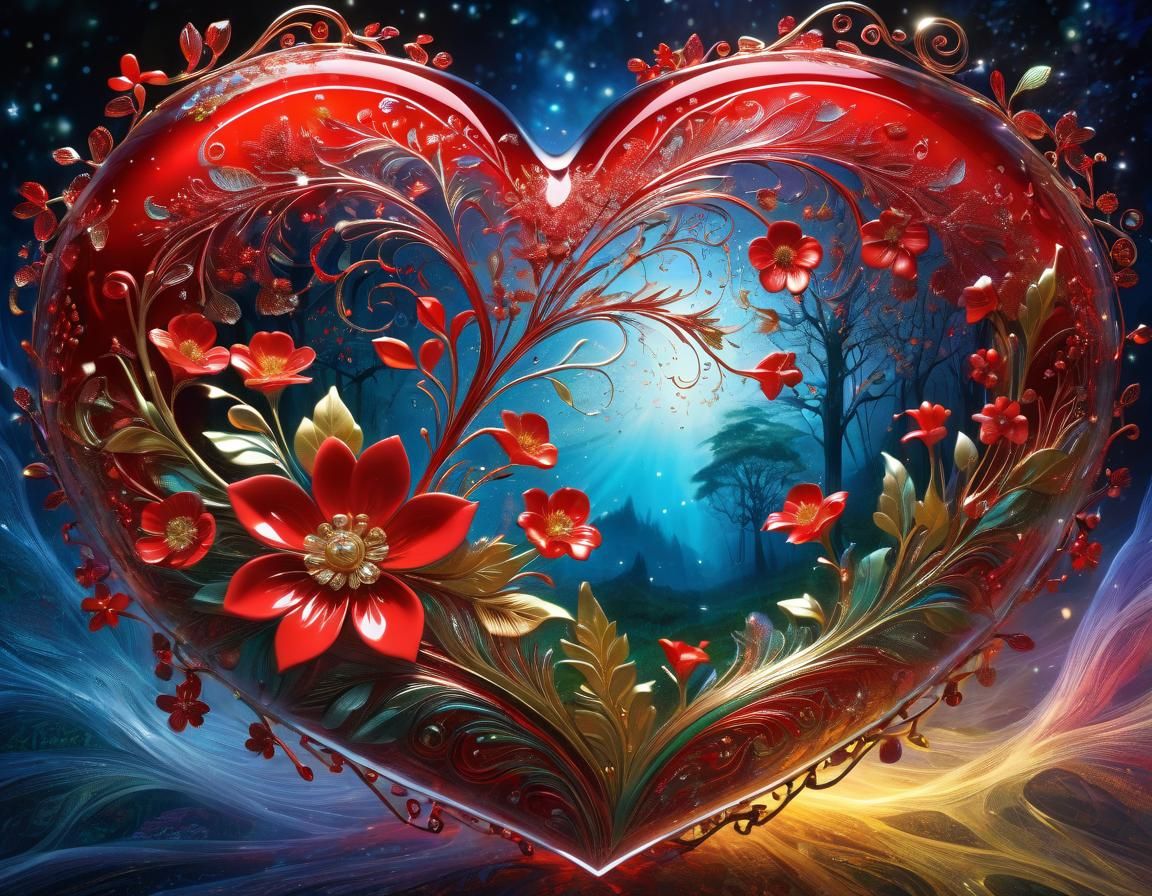 Glass Heart with Red Neuron Flowers and Starry Night