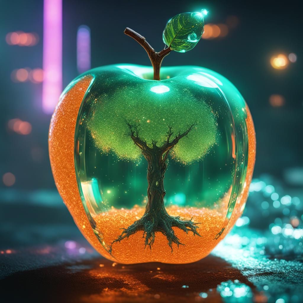a crystal apple with a orange tree inside