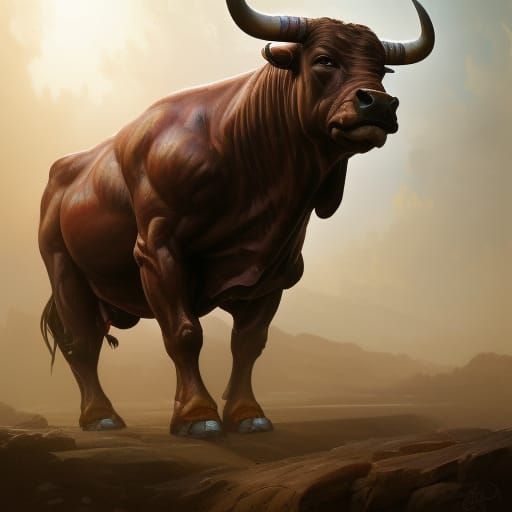 a bull with a muscular human body 8k resolution concept art portrait by Greg Rutkowski, Artgerm, WLOP, Alphonse Mucha dy...