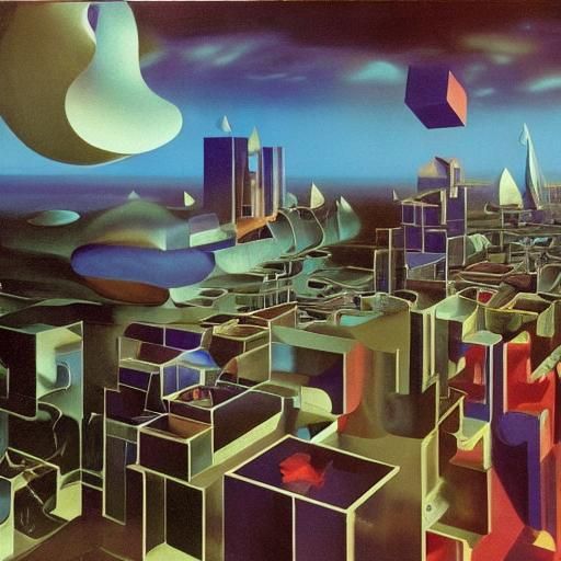A surreal environment with floating cubes and spheres,