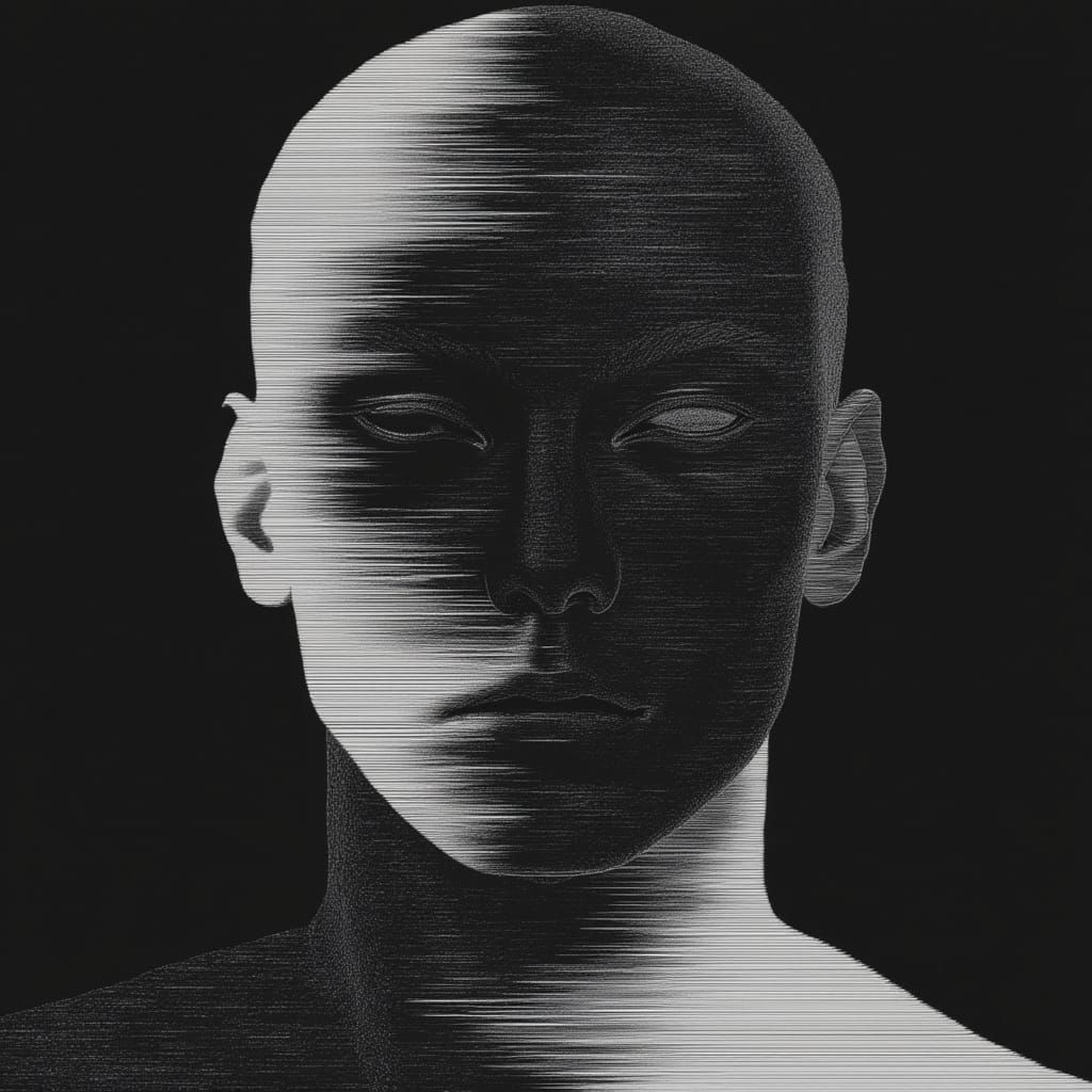 Black and White Glitch Art in Distressed Style