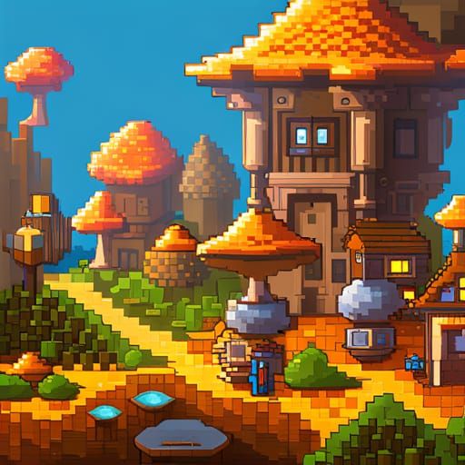 Mushroom village 2D pixel art  