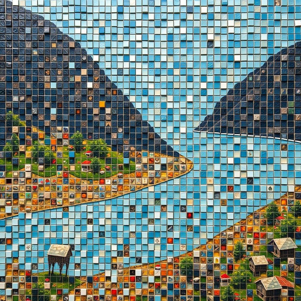 A mosaic made of square tiles depicting a landscape,  hyperrealistic hyperdetail   by @Tilted25